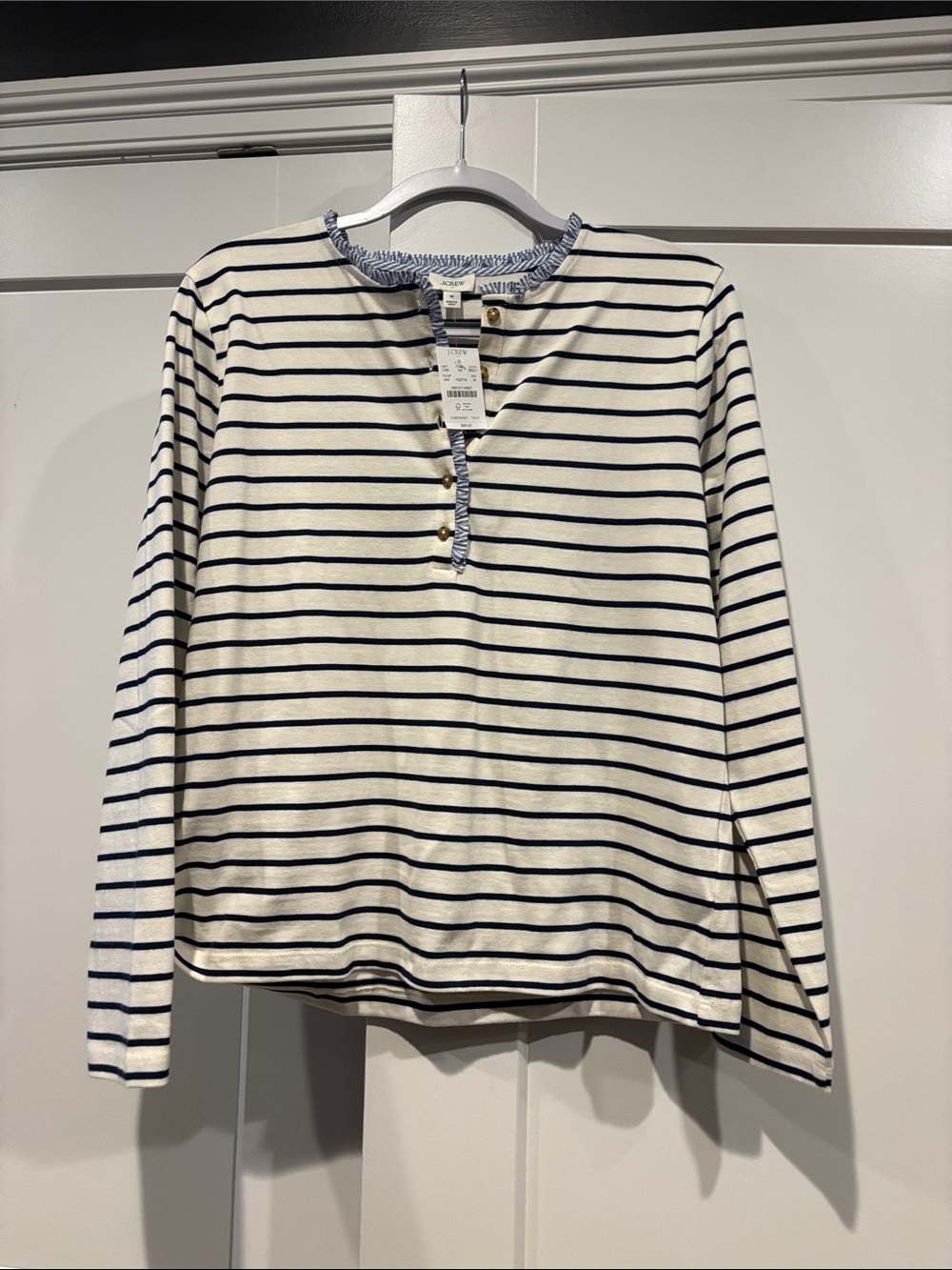 J. Crew White and Navy Striped Long Sleeve Tee